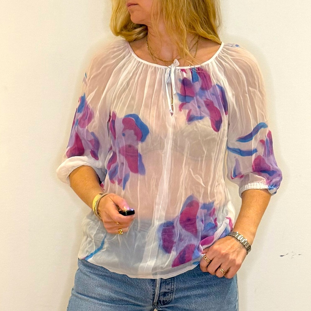 Vintage Sheer Floral Print Blouse - Hits Size Small